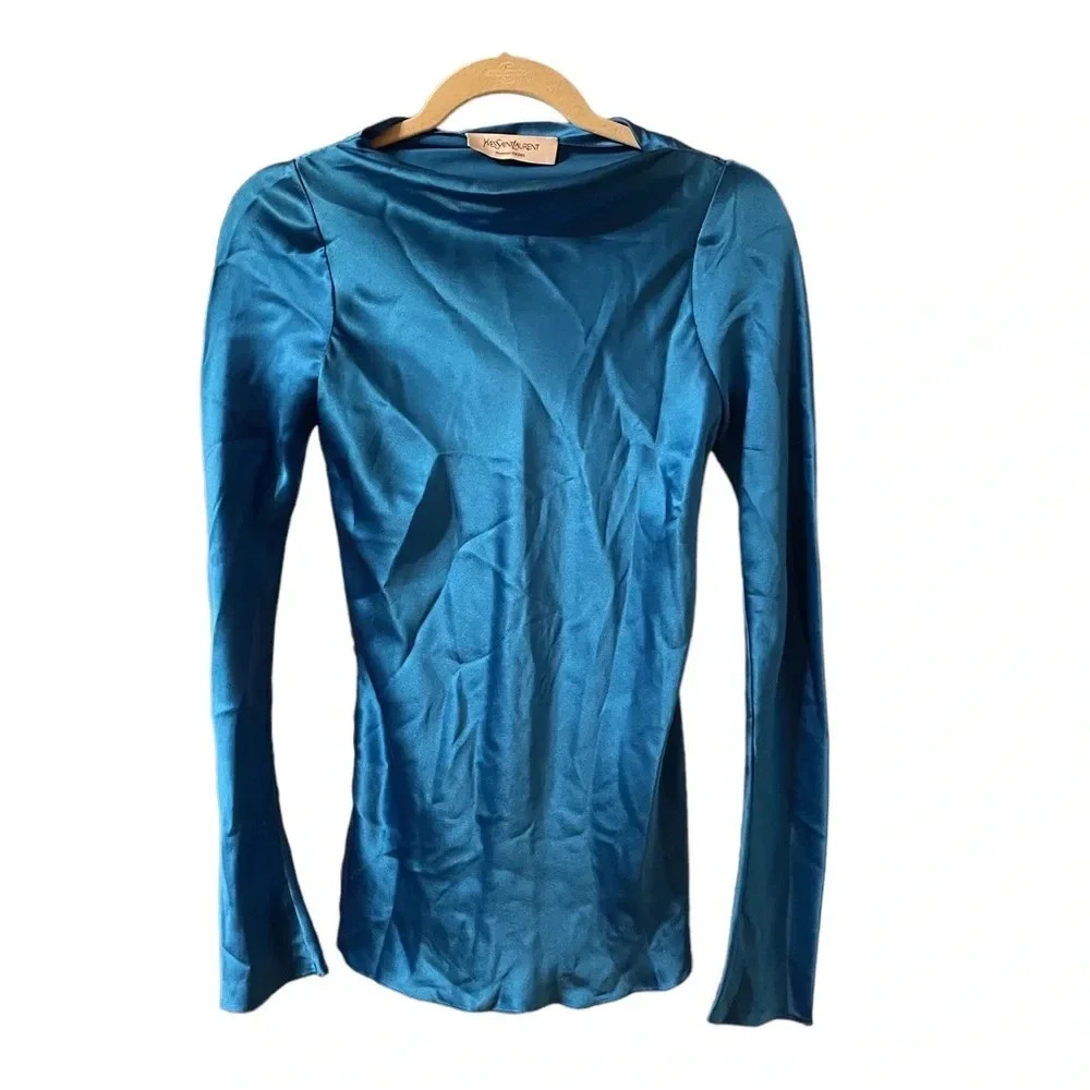 YVES SAINT LAURENT BLUE SILK DRAPE NECK BLOUSE